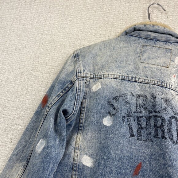 Y2K Zara Denim Punk Emo Goth Graffiti Jacket Sherpa Lined Distressed Men Size S - Picture 16 of 16